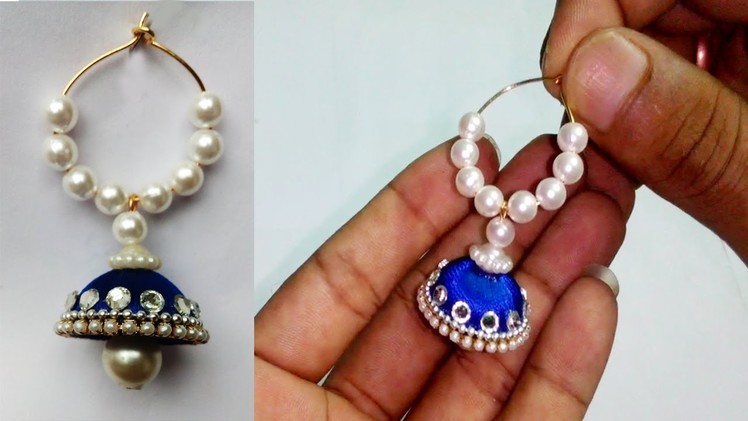 How To Make Silk Thread Jhumkas Hoop Style - Beautiful Blue colour  jhumkas with Pearls