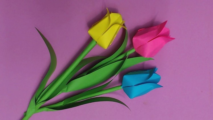 How to Make Tulip Flower with Color Paper | DIY Paper Flowers Making