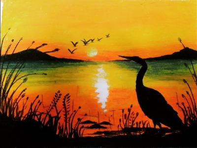 Landscape|how to draw indian landscape step by step|great egret river scenary|nature drawing|sunset