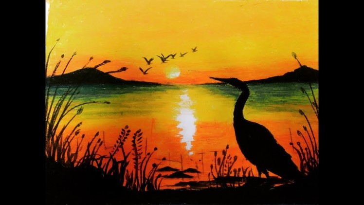 Landscape|how to draw indian landscape step by step|great egret river scenary|nature drawing|sunset
