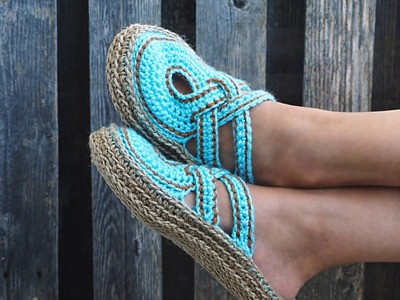 Crochet slippers- women cross strap clogs with rope soles