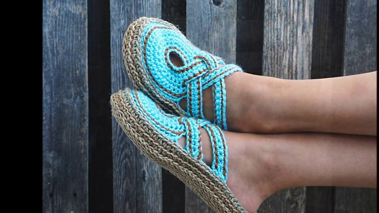 Crochet slippers- women cross strap clogs with rope soles