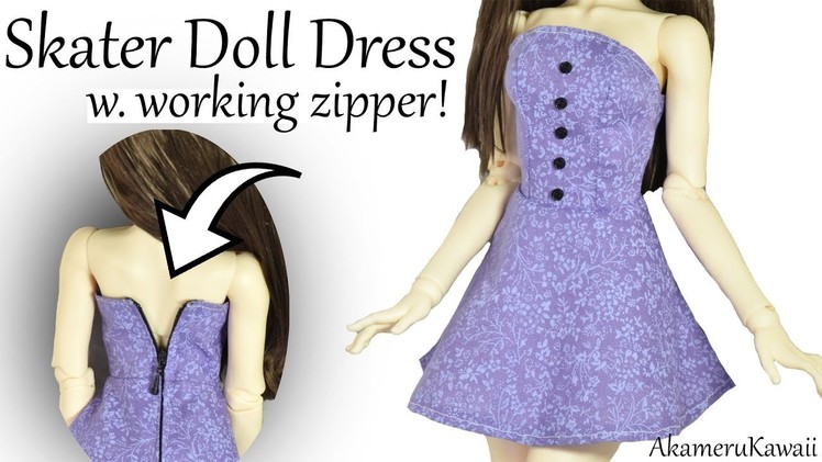 How to: Doll Skater Dress w. working Zipper - BJD. Barbie Clothes Tutorial