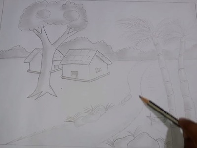 How to Draw a Village Scenery (very easy) | Natural Scenery Drawing