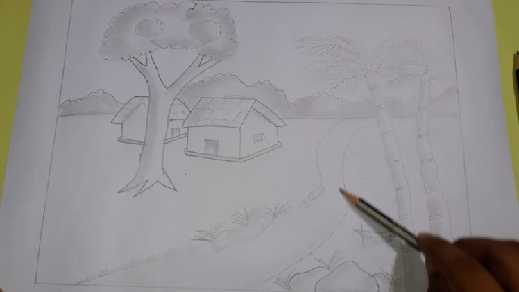 How to Draw a Village Scenery (very easy) | Natural Scenery Drawing