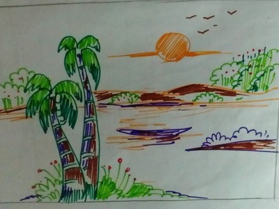 How to draw village nature scenery with paper step by step  very easy drawing.Drawing for Kids