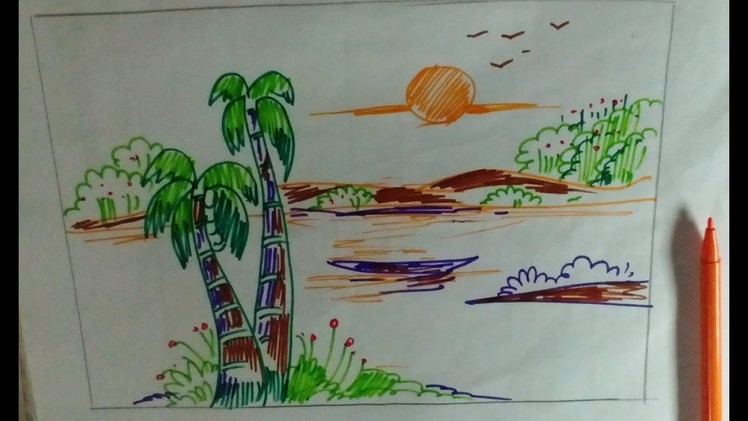 How to draw village nature scenery with paper step by step  very easy drawing.Drawing for Kids