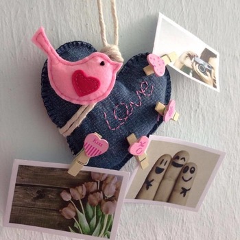 Cute Pink Bird On Blue Jean Love Memo Photo Hanging Ornament Clothes Pin Stuffed Felt Craft Wall Decor Gift