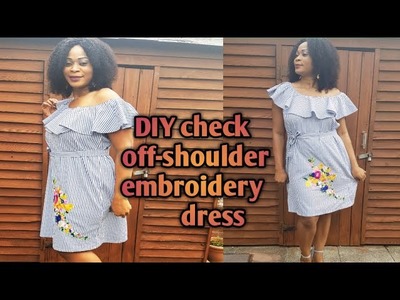 DIY check off-shoulder embroidery dress