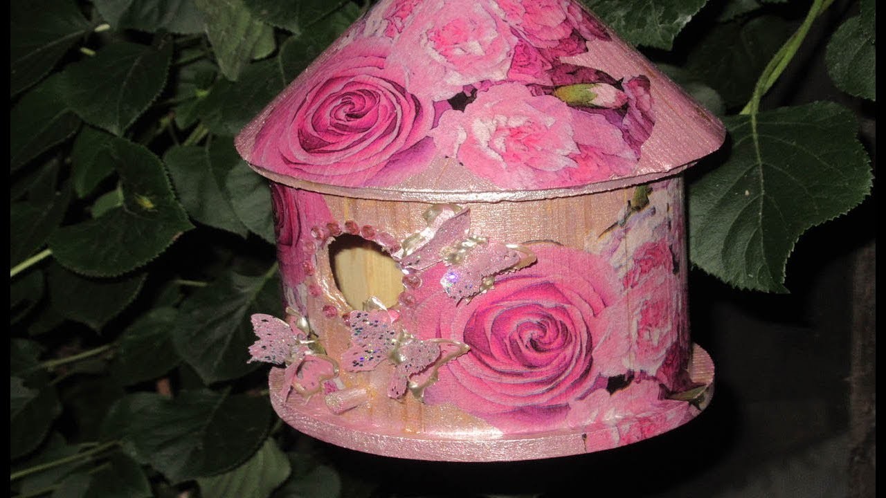 DiY Must Love Pink Birdhouse Decoupage w. Butterfly