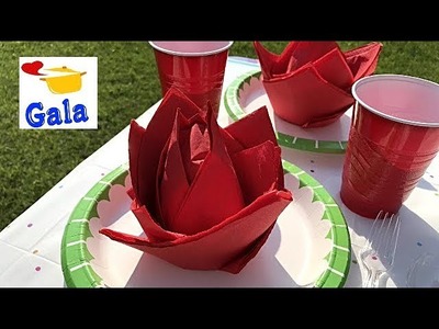 Fancy way to fold paper napkins into shape of rose flower. Easy and impressive!