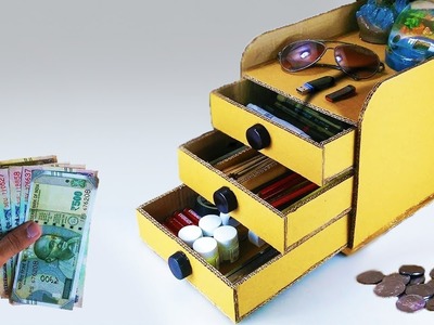DIY Cardboard Desk Organizer.Organiser with Drawers and Secret PIGGY BANK