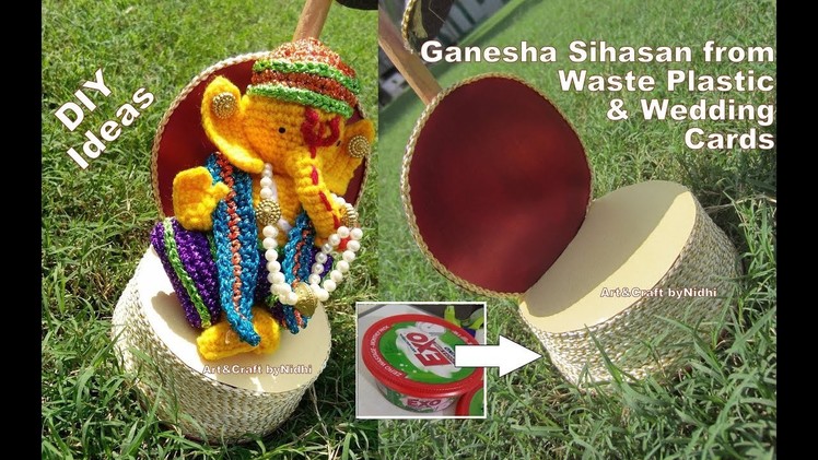 DIY Ganpati Decoration- Chair Singhasan for Ganesha from Waste Plastic and Wedding Cards