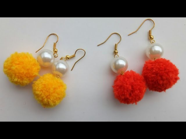 DIY.Pom pom earrings.Pom pom dangle earrings.making pompom with pearl earring.Earrings.pom poms