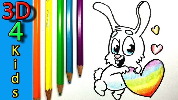 Colorfull rainbow Cartoon Bunny with Hearts - How to Draw very easy