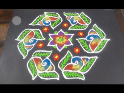 Easy Colourful Rangoli Design for Festivals with dots 13x7 | New Rainbow Rangoli design