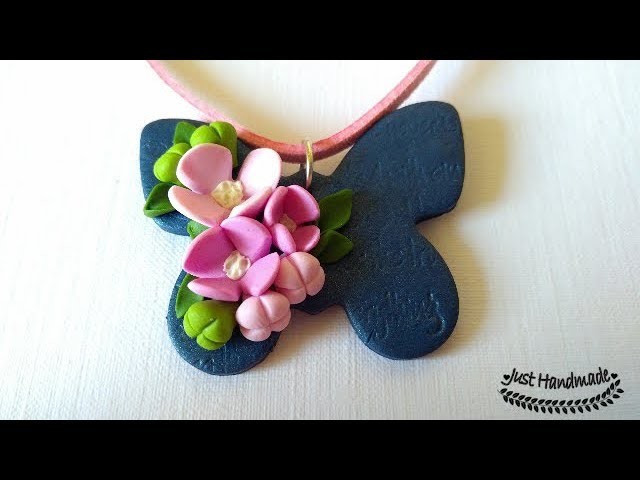 ~JustHandmade~ Polymer clay (fimo) easy flowers on a butterfly pendant