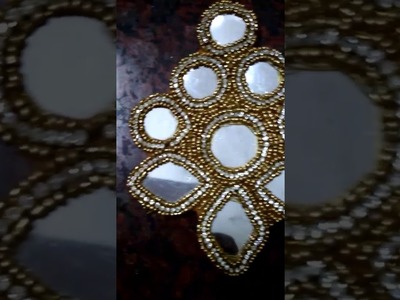 #aari work#maggam work#squared mirrors#round mirrors #golden sugar beads#designer motif#brooch#patch