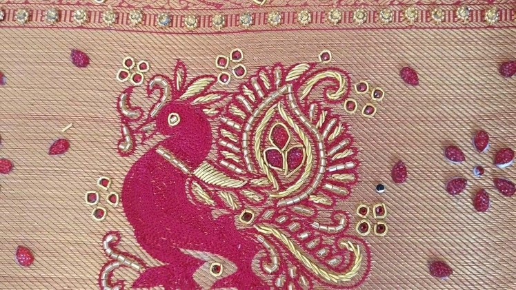 Peacock design using cut beads, Zardosi, thread work and stones