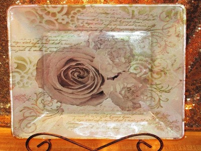 DIY Mixed Media Decoupage Vintage Roses Glass Plate