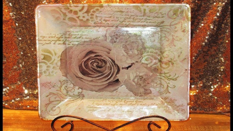 DIY Mixed Media Decoupage Vintage Roses Glass Plate