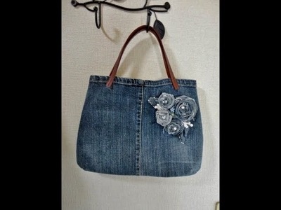 【ＤＩＹ】リメイク*ジーンズでデニムバッグI remade jeans and made a bag of rose corsage. Easy way to make.