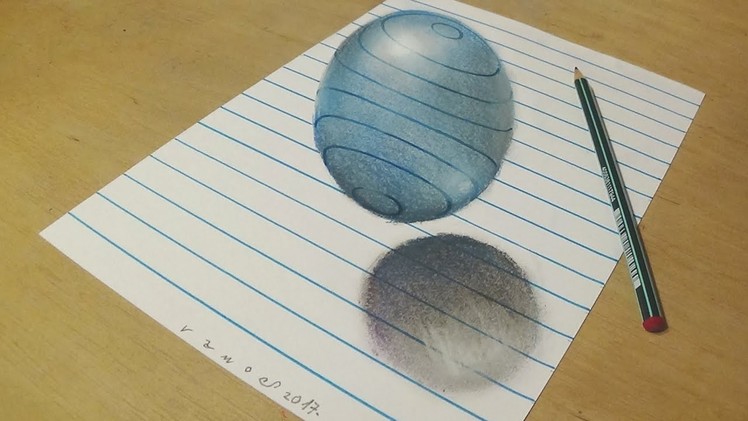 Drawing a Floating, Levitating Sphere - How to Draw 3D Ball - Trick art on Line Paper - VamosART