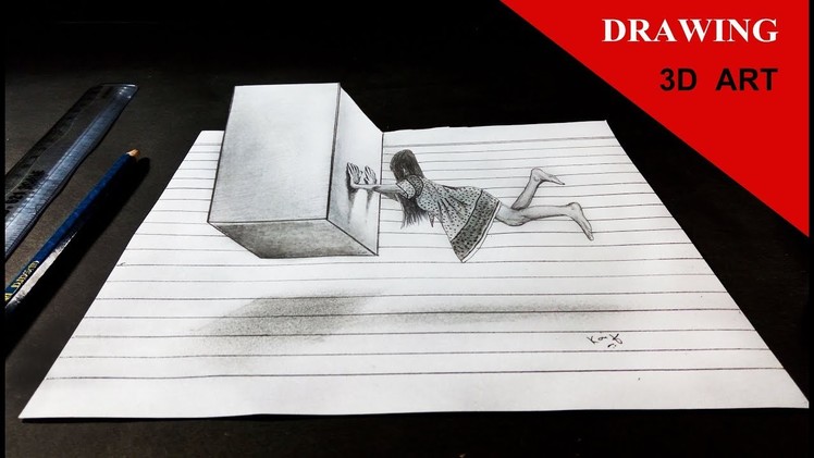 Floating 3D Girl and Cube on Line Paper Art  - Kaif Sketch