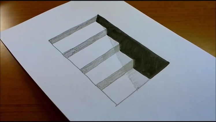 How to draw 3D hole & stairs for kids - Anamorphic Illusion 3D Trick Art on paper.