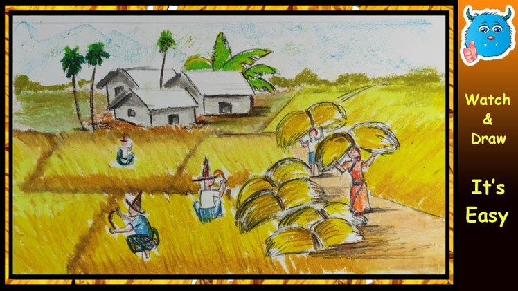 How to Draw Village Scenery of Autumn Season Farmers Harvesting Easy Drawing Step by Step Pastel Art