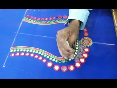 Making of Beautiful Mirror work in pot neck pattern - hand embroidery blouse designing