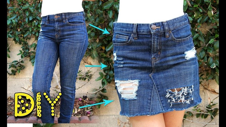 DIY Distressed Denim Skirt from JEANS - NO SEW || Lucykiins