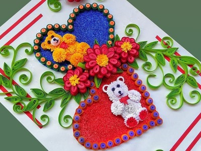 HowTo Make Beautiful Heart\Love designs  greeting card with teddy bear |Paper Quilling Art