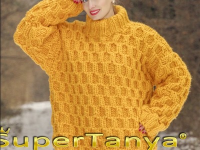 Thick yellow wool sweater hand knitted with honey comb pattern