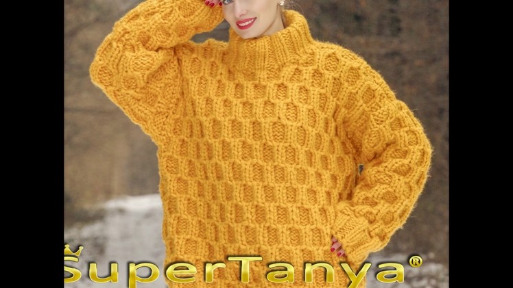 Thick yellow wool sweater hand knitted with honey comb pattern