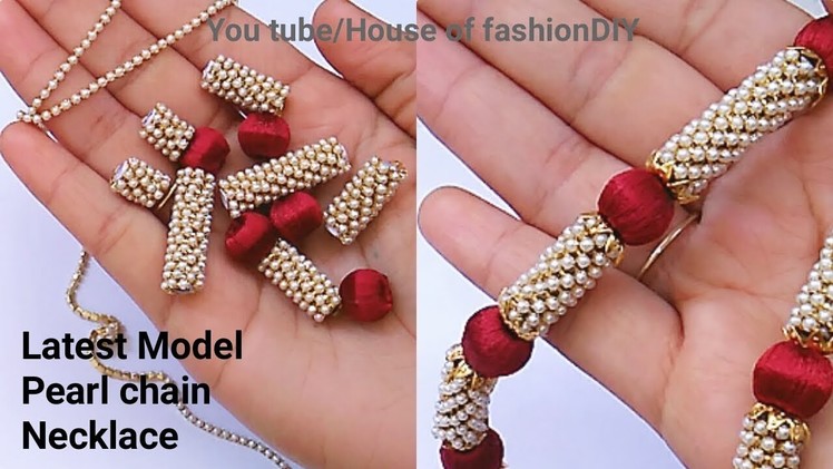 Latest Model pearl chain Necklace Making At Home||Silk thread Jewellery. 