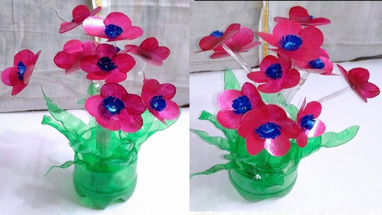 Plastic bottle art flowers Best out of Waste plastic bottles flower vase Craft