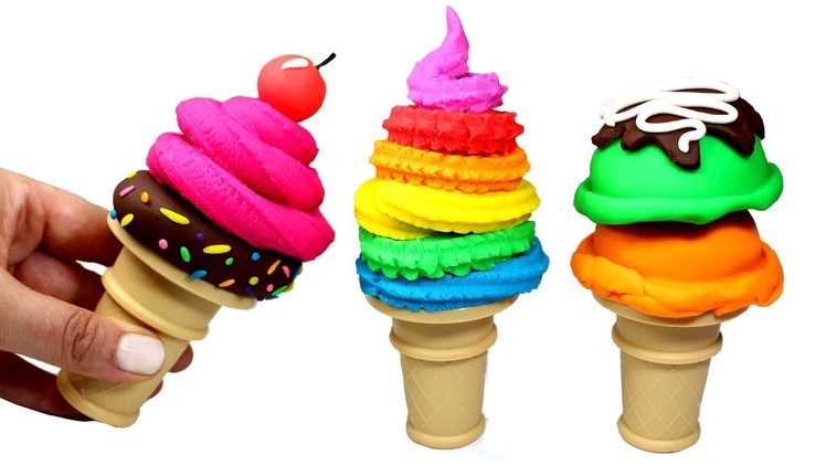 Play Doh How to Make Ice Cream Cones Rainbow Ice Cream Learn Colors Squishy Cake Toy Microwave