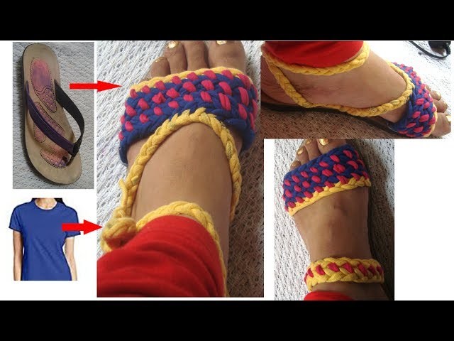 Recycle Your old Sandals.slippers.flip flops with t-shirt yarn. recycle old clothes