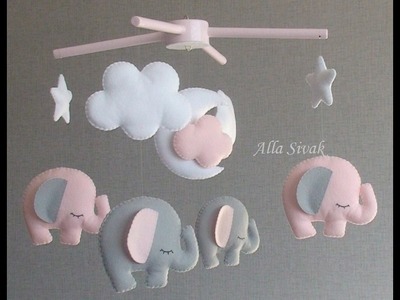 Elephant baby mobile, Gray White Pink Mobile, Baby Girl Mobile