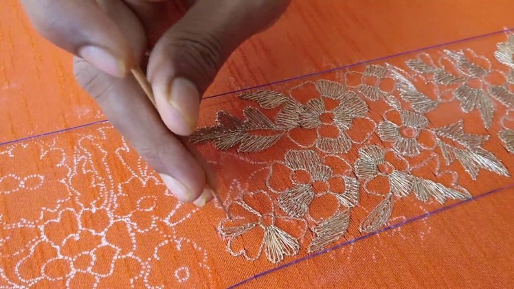 Floral embroidery using long and short stitch