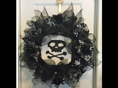 How to make a Halloween Wreath all black skull and crossbones poof petal style