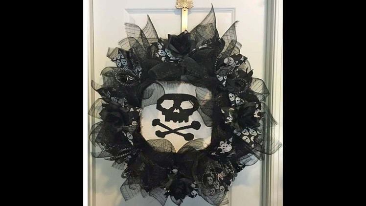 How to make a Halloween Wreath all black skull and crossbones poof petal style
