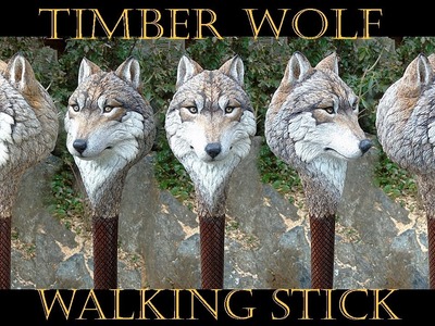 Timber Wolf and Shed Antler Wood Carved Walking Stick