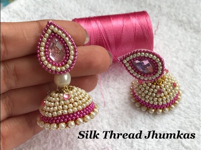 How To Make Silk Thread jhumkas with pearl chain and ball chain||Pink jhumkas||Silk Thread Earrings