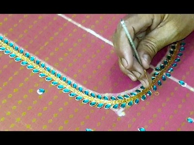 Making of Kundan and Jardosi work on pattu blouse - hand embroidery making