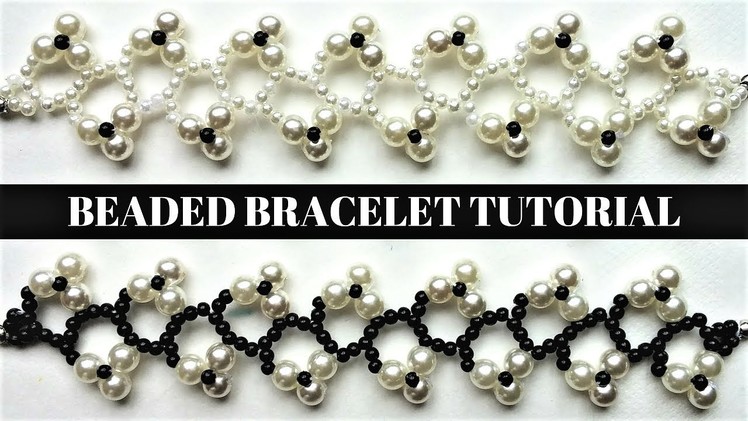 DIY Floral Bracelets. How to make a black and white beaded bracelet with pearls.