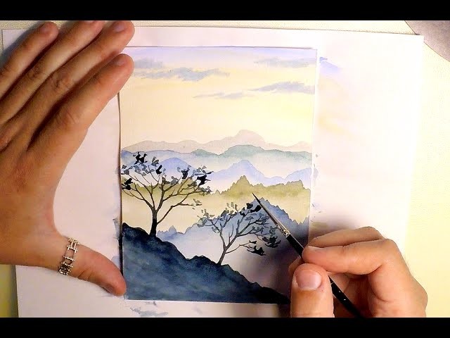 HOW TO PAINT MOUNTAINS LANDSCAPE - WATERCOLOR PAINTING - EASY STEP BY STEP TUTORIAL - SKY, TREE