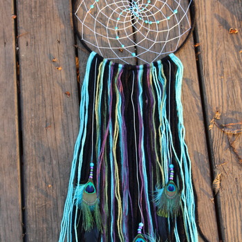 Dreamcatcher | Black Blue Purple Green | Swirl Beads | Peacock feathers | Modern | Boho | Hippie | Wall hanging | 12-in Hoop