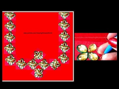 How to design Kundan and Pearls Neckline- Aari. Maggam Embroidery - DIY  | SAREE BLOUSES